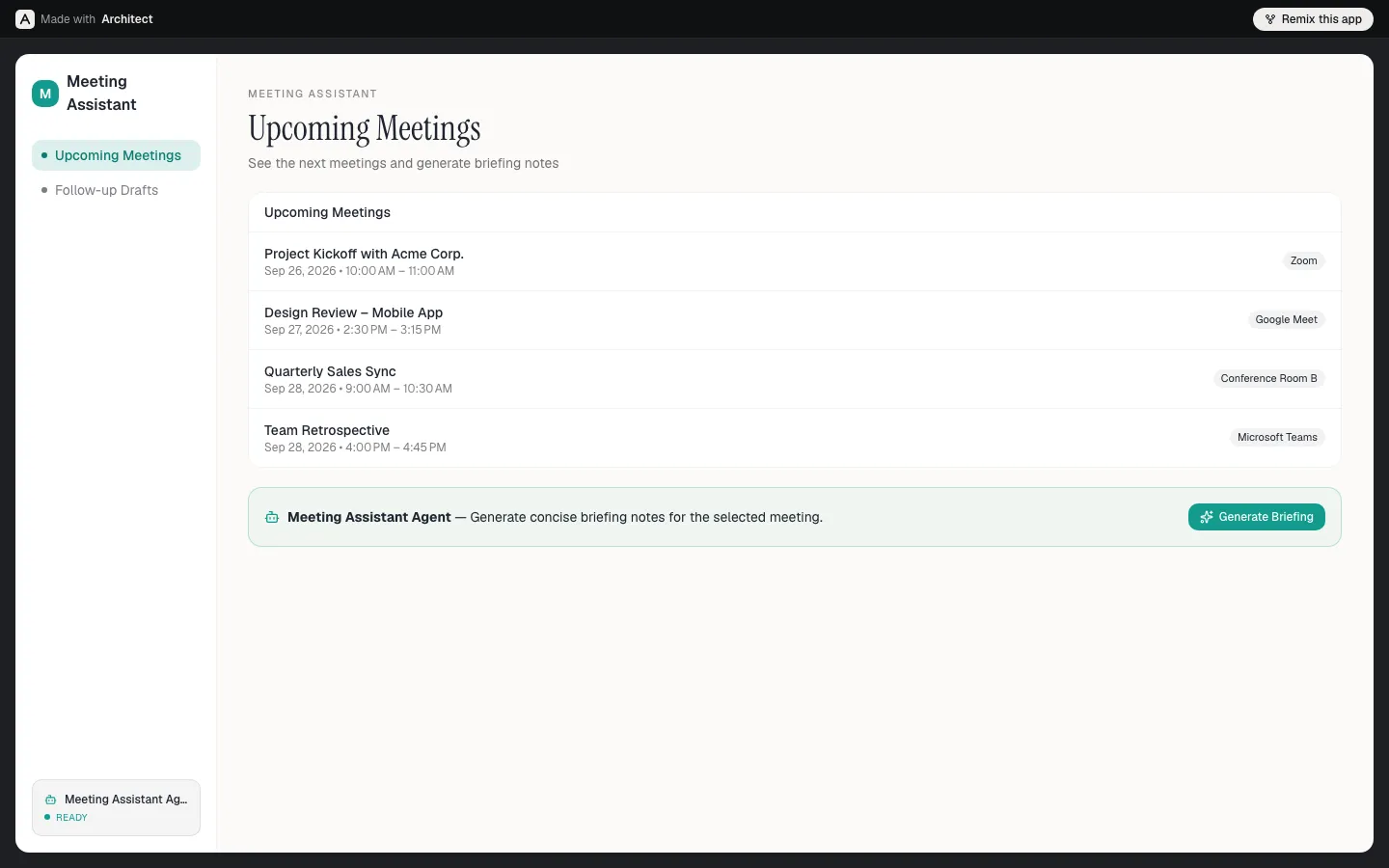 A meeting assistant built with Architect, running on its public live URL